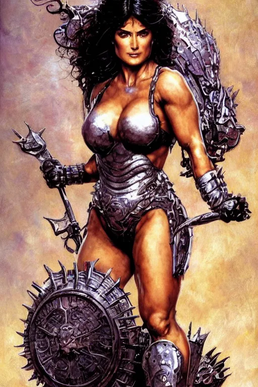 Image similar to muscular beautiful salma hayek wearing silver armor tombow artwork greg staples , dug stanat, norman rockwell , christophe young eytan zana , rumiko takahashi ,