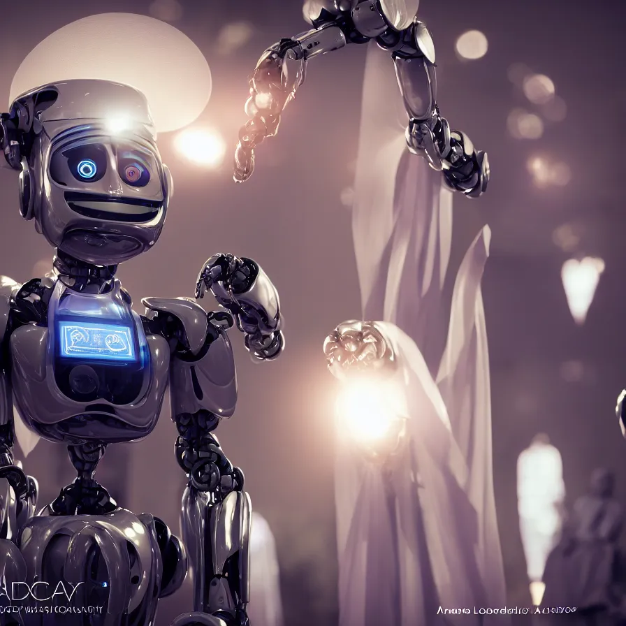 Prompt: a beautiful professional close up centered portrait photograph of a complex robot priest officiating a wedding ceremony. octane render, extremely detailed, cinematic lighting, 8k, cinematic movie photograph, closeup portrait, cgsociety, award-winning art, excellent composition, by Andree Wallins.