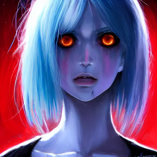 Image similar to full face shot of rimuru tempest, sky blue straight hair, long bangs, with amber eyes, wearing a fancy black jacket, high collar, ultra detailed, brush strokes, digital painting, cinematic, wlop artstation, closeup, pixiv, eerie, scary, intimidating glare, evil, yoshitaka amano, junji ito,