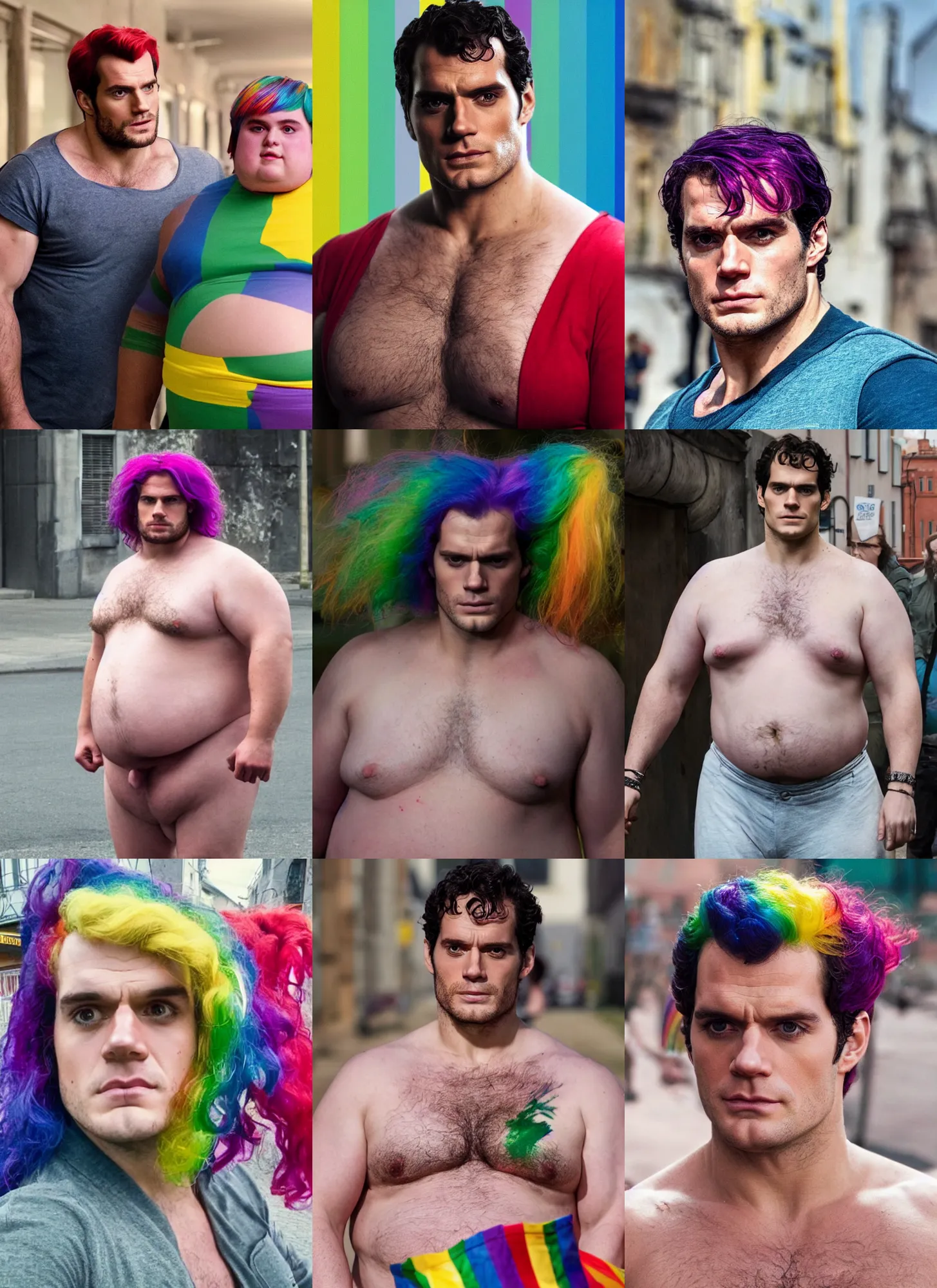 Prompt: henry cavill as lgbt rainbow haired obese dirty trans, looking at the camera, medium shot, trip to legnica, very realistic film still, natural