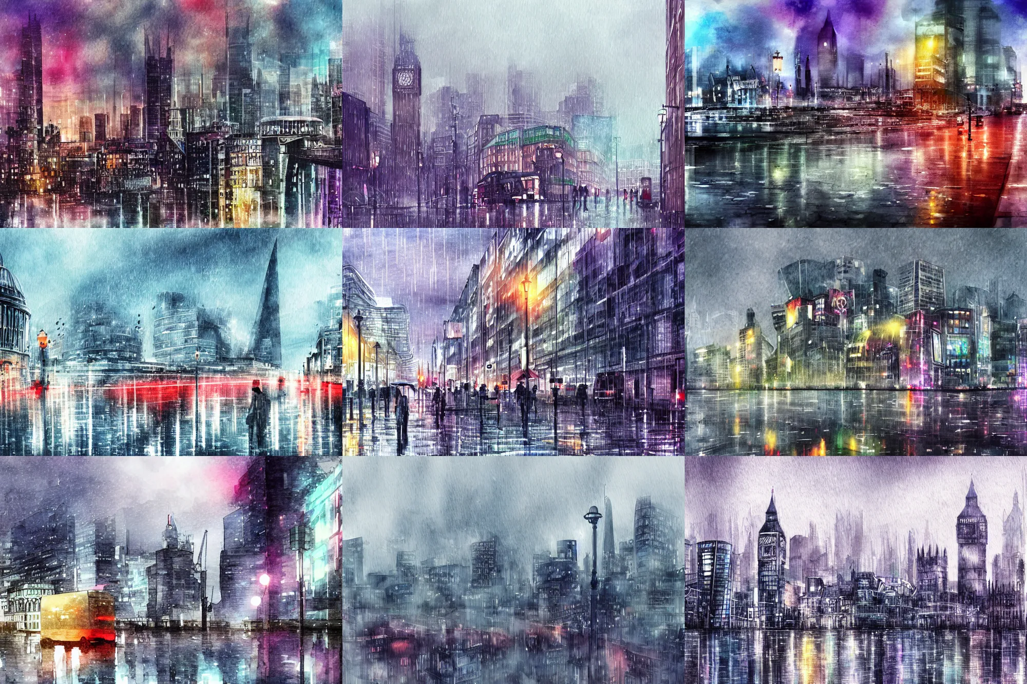 Prompt: cityscape, dreary, london, skyline, rain, anime art, digital watercolor