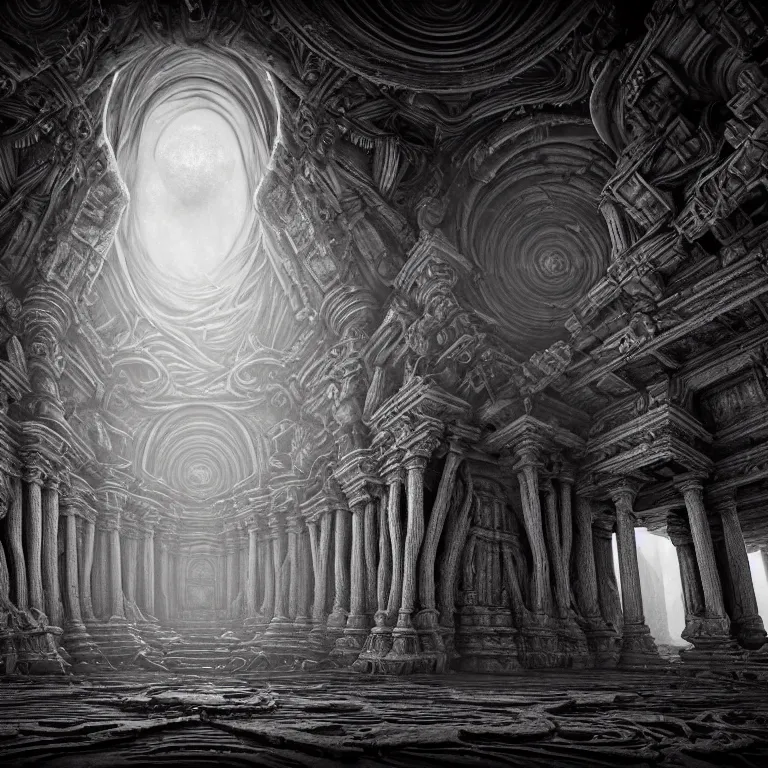 Image similar to ribbed surreal abandoned symmetrical alien baroque temple on exoplanet, in a desolate empty wasteland, creepy, nightmare, dream-like heavy atmosphere, surreal abandoned buildings, beautiful detailed intricate insanely detailed octane render trending on Artstation, 8K artistic photography, photorealistic, chiaroscuro, Raphael, Caravaggio, Beksinski, Giger