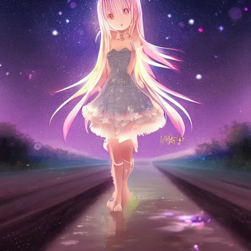 Image similar to advanced digital anime art, Sakimichan , WLOP, RossDraws, a gorgeous woman with long gold and silver hair wearing a violet dress and bare feet walking through a crystal clear river under a starry night, DOF, Gaussian Blur, —H 1024