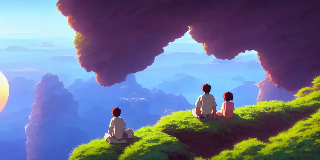 Prompt: a couple sitting over the precipice, looking at sunset, studio ghibli, pixar and disney animation, sharp, rendered in unreal engine 5, anime key art by greg rutkowski, bloom, dramatic lighting