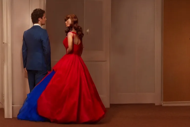 Image similar to full body film still of a man longingly looking at a woman in a red dress as a woman in a blue dress looks dissapointedly at the man in the new romance movie, dramatic angle, dramatic lighting