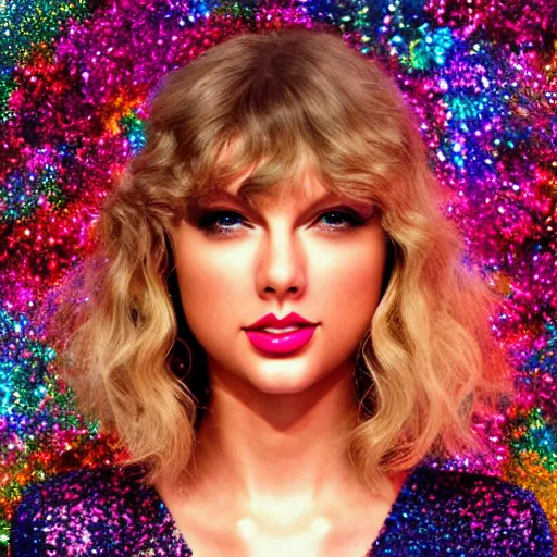Prompt: mind blowing metaphysical sequins and glitter visualization forming elegant Taylor Swift becoming one with the universe, octane render, hyper realistic, 8k, beautiful details