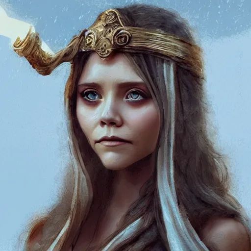 Prompt: Elisabeth Olsen as a Greek goddess, attractive, fantasy, beautiful, magical energy, artstation