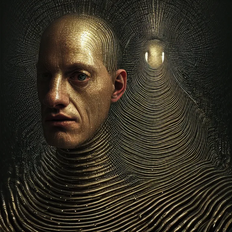 Image similar to symmetrical portrait painting of ribbed man covered with metallic ribbed spinal tubes by hieronymus bosch, lucid dream - like heavy atmosphere, baroque painting, perfect composition, detailed octane render trending on artstation, 8 k artistic photography, volumetric cinematic perfect light, chiaroscuro, masterpiece, raphael, caravaggio, beksinski, rutkowski, beeple