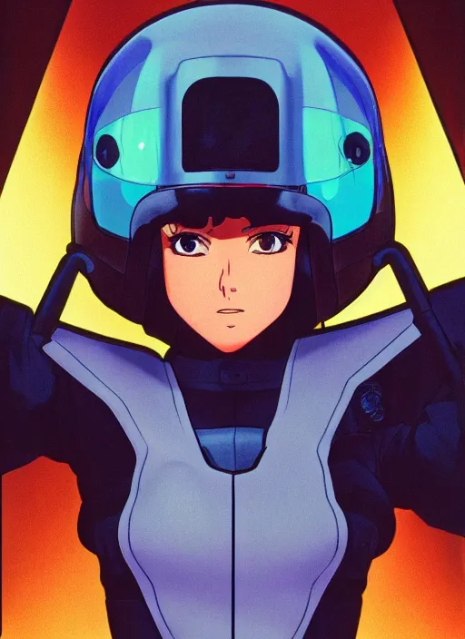 Image similar to Portrait of a female mech pilot in a bodysuit, 80s anime, cel-shaded, highly detailed, dramatic background, complementary lighting, poster