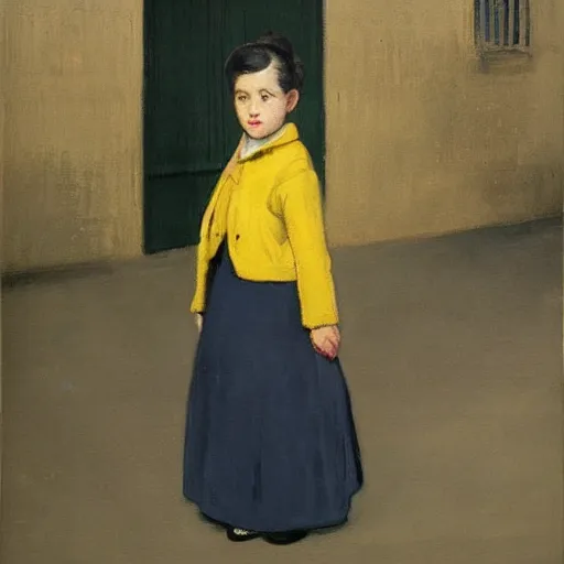 Image similar to a painting of a little girl with short black hair and wearing a yellow coat alone in the inner courtyard of an abbey by hopper and de chirico