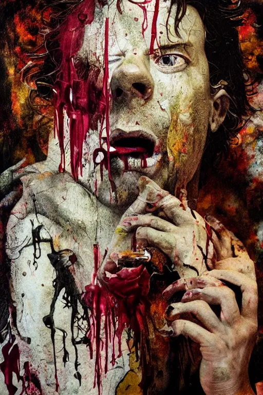 Image similar to portrait of medici convulsing and melting, paint drips, burgundy oil dripping down, Francis Bacon horror, by Caravaggio, Lucian Freud texture painting, Renaissance, John Singer Sargant, glitch, graffiti by Cy Twobmly writing and drawing all over the place