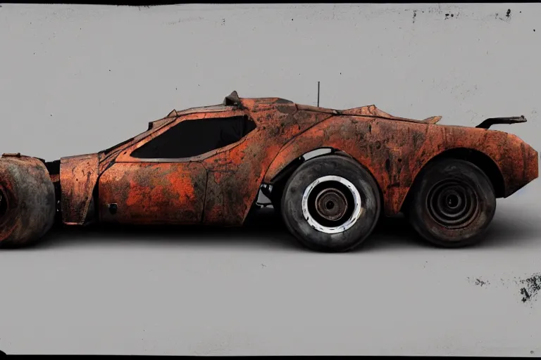 Image similar to rusty hypercar in mad max, painted by hector garrido and derek riggs, trending on artstation, volumetric lighting rear view profile picture, daguerreotype, still life, figurativism, socialist realism