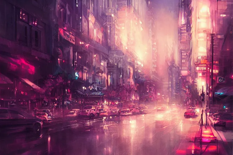 Image similar to a beautiful paiting of Night Life of downtown street by Ross Tran, dark ambient, beautiful, UHD, hyperrealism, Surreal and Fantasy Art, absurdist