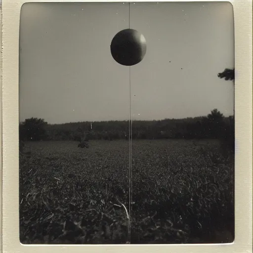 Image similar to old polaroid depicting a small spheric metallic alien probe, hovering at a clearing