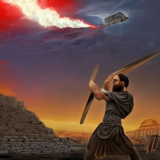 Prompt: realistic digital art depiction of angry, strong, charismatic Cyrus the Great defeating fat, sad, weak Elon Musk at the battle for Athens, with the Acropolis of Athens burning on the background, trending on Artstation