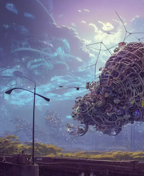 Image similar to a giant industrial plant made out of isopod wasp octopus, in the style of a spaceship, overgrown with orchids, godbeams, partly cloudy, somber, dramatic lighting, by geof darrow, dan mumford, yusuke murata, makoto shinkai, ross tran, cinematic, unreal engine, cel shaded, featured on artstation, pixiv