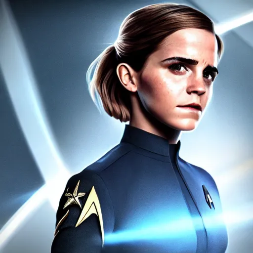 Image similar to a full body portrait of emma watson as a star fleet officer from star trek next generation, ultra rendered extreme realism and detail, 8 k, highly detailed, realistic, completely framed, hyper realistic, colorful, direct lighting, 3 5 mm photo, photorealistic, sharp focus