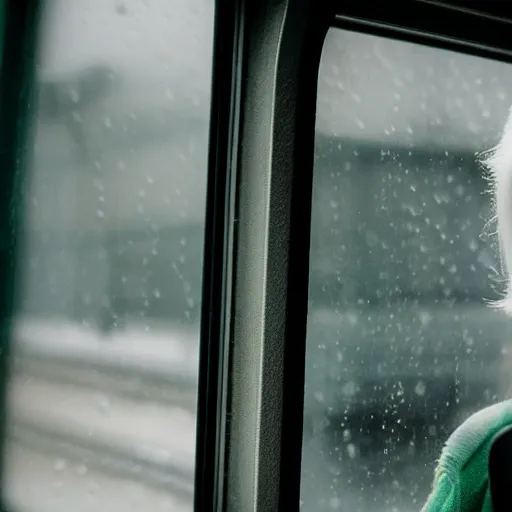 Prompt: a beautiful young woman with white hair looking out of a train window, cyberpunk city, photography, dslr 1 5 mm, rainy weather, 4 k