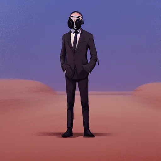 Prompt: man in a suit and wearing a gas mask standing in a desert wasteland background, dreary, smooth, sharp focus, beautifully detailed, digital art, concept art, oil painting, trending on artstation, by alena aenami