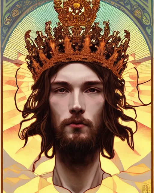 Image similar to symmetrical, centered, young and handsome god close - up portrait wigh crown made of skulls. artwork by tooth wu and wlop and alena aenami and alphonse mucha, brian froud, pablo amaringo