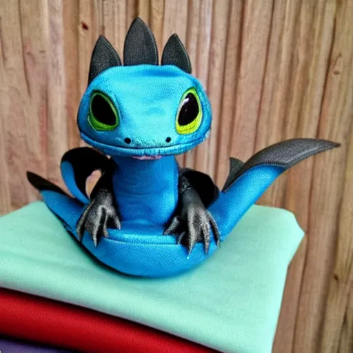 Image similar to adorable dragon in the style of how to train your dragon sitting on top of fabric bolts with a sewing machine