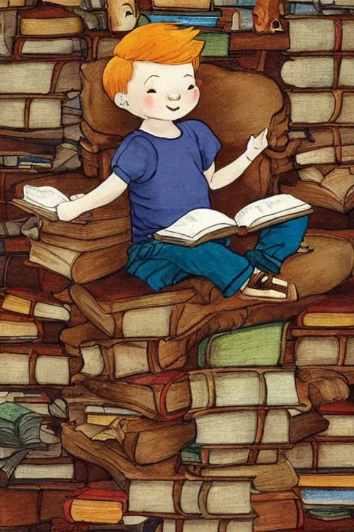 Image similar to a little boy with ginger hair sits cross legged on top of a tall pile of books. he is reading. clean elegant pretty cartoon painting, beautiful detailed face, storybook illustration.