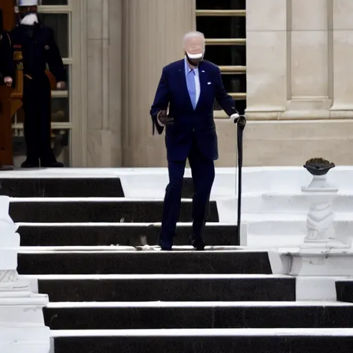 Image similar to joe biden falls from stairs into feces with broken limbs
