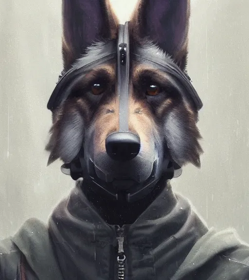 Image similar to new york city portrait of furry anthro anthropomorphic german shepard head animal person fursona wearing clothes strange cybernetic muzzle gloomy rainy cyberpunk digital art by Greg Rutkowski, Simon Stalenhag, christopher nolan trending on Artstation, CGSociety