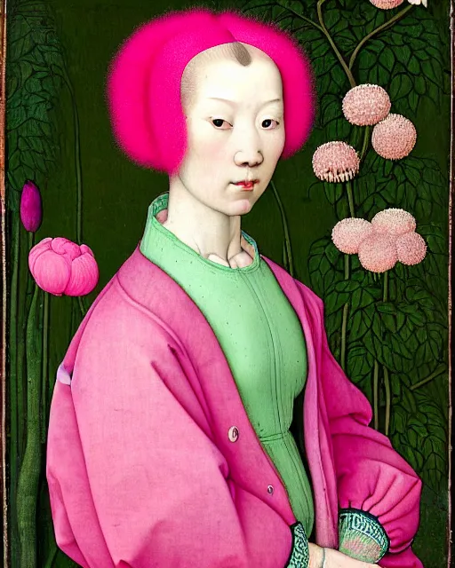 Prompt: portrait of a woman with pink hair buns, wearing a green puffer jacket and baggy jeans, standing in a garden full of plants and flowers, white background, intricate details, high detail, in the style of rogier van der weyden and jacopo da pontormo, punk, asian art,
