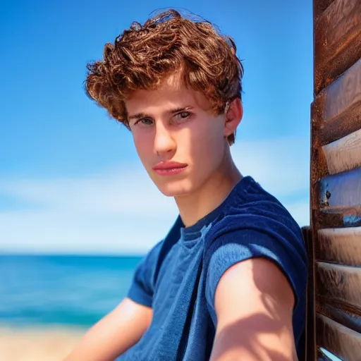 Prompt: beautiful teenage boy, around 22 yo, natural brown hair sitting on a deckchair on the beach facing the camera. Detailed face, blue sky. Award winning photograph.