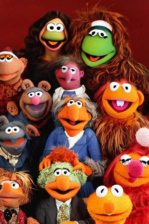 Image similar to muppet family photo, 1 9 6 0 s, olan mills studio, creepy, scary, laughing, color, grotty, ugly, terrified, brian froud