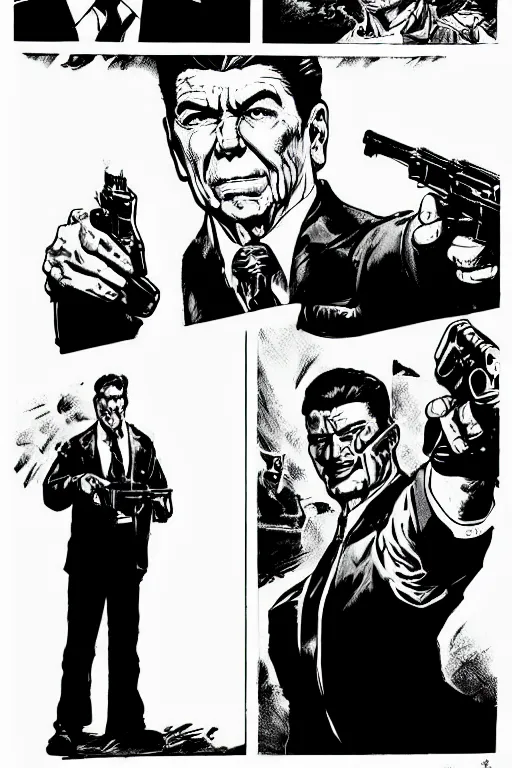 Prompt: ronald reagan holding a pistol, a page from cyberpunk 2 0 2 0, style of paolo parente, style of mike jackson, adam smasher, johnny silverhand, 1 9 9 0 s comic book style, white background, ink drawing, black and white, colouring pages