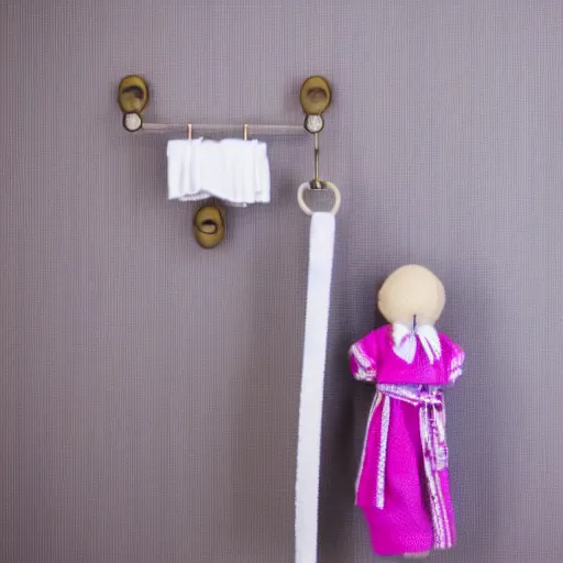 Prompt: a doll hanging, tied to a towel rack in the bathroom with a fabric belt