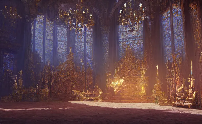 Image similar to a gaudy throne room interior in a stone castle, painting by Craig Mullins, octane rendering, dark candle lighting, wide angle lens, low view, in the style of Pixar animation, trending on artstation,