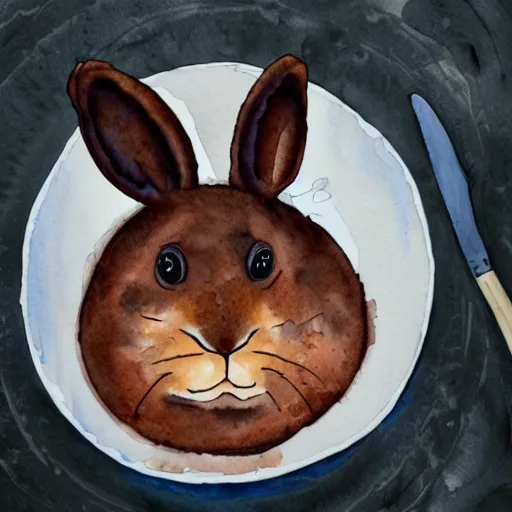 Image similar to a rabbit baking a chocolate cake, realistic watercolour