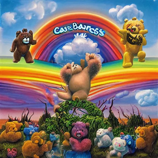 Image similar to the care bears on iron maiden album cover, 8 k resolution hyperdetailed dystopian apocalyptic surrealism