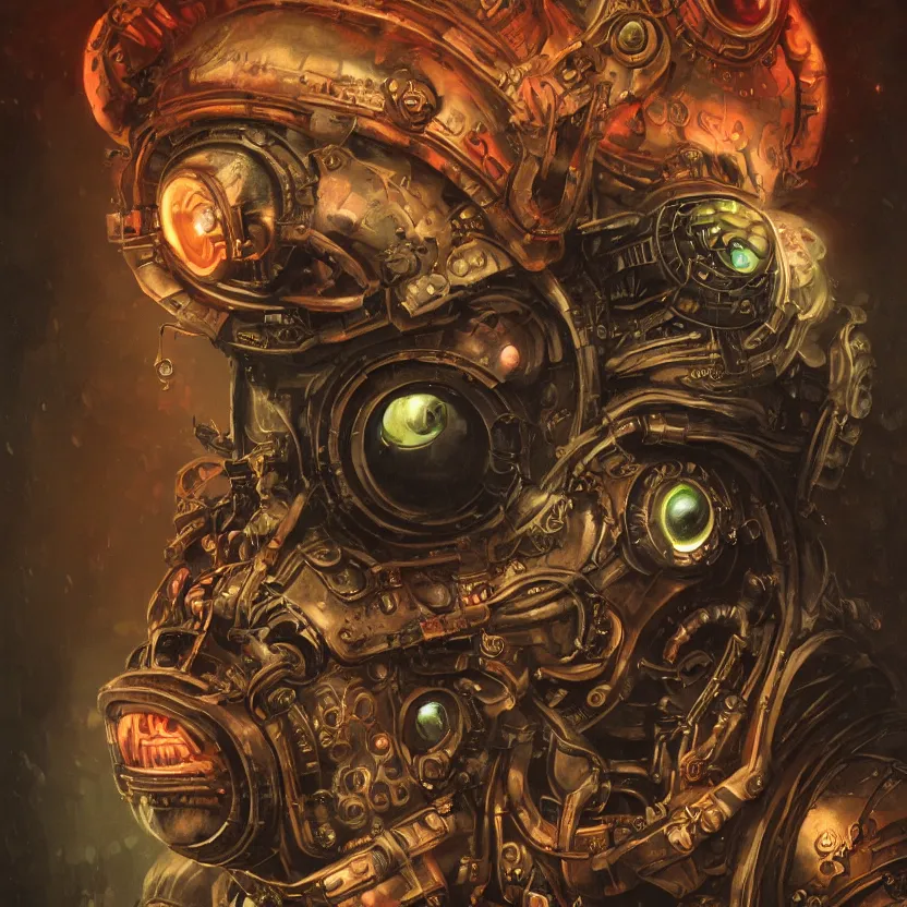 Prompt: neoclassicist close - up sci - fi portrait of a colorful steampunk overlord boss with big glowing eyes gazing intensely and a brain in a vat. dark black ominous background, glowing atmosphere. highly detailed science fiction horror painting by norman rockwell, frank frazetta, and syd mead. rich colors, high contrast, gloomy atmosphere. trending on artstation and behance.