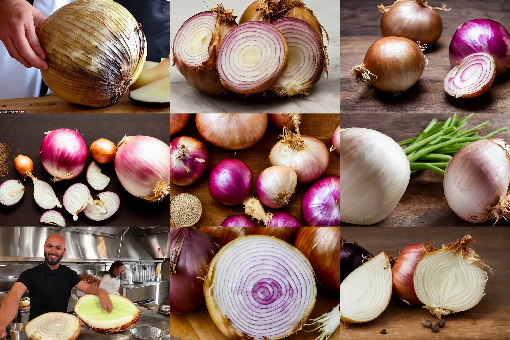 Prompt: a popular chef prepared a large onion with a seasoning of stones