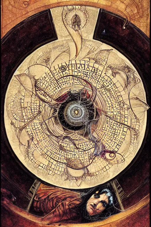 Prompt: a spiral occult diagram of winning by wayne barlowe, gustav moreau, goward,  Gaston Bussiere and roberto ferri, santiago caruso, and austin osman spare