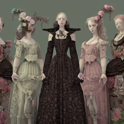 Image similar to 8k, octane render, realism, tonalism, renaissance, rococo, baroque, group of creepy young ladies wearing long tonal harajuku manga dress with flowers and skulls, background chaotic flowers