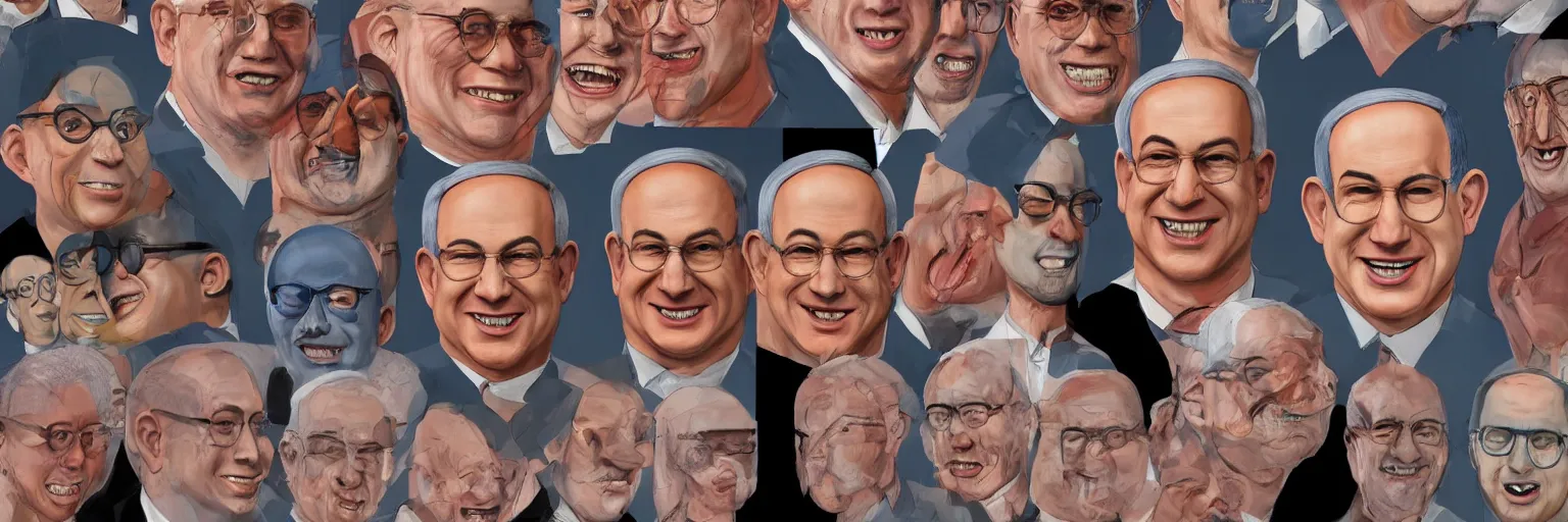 Prompt: colored character face study of benjamin netanyahu smiling, clear, evil, glasses, happy, character sheet, fine details, concept design, contrast, kim jung gi, da vinci and francis bacon, trending on artstation, 8 k, 3 6 0 head, turnaround, front view, back view, ultra wide angle