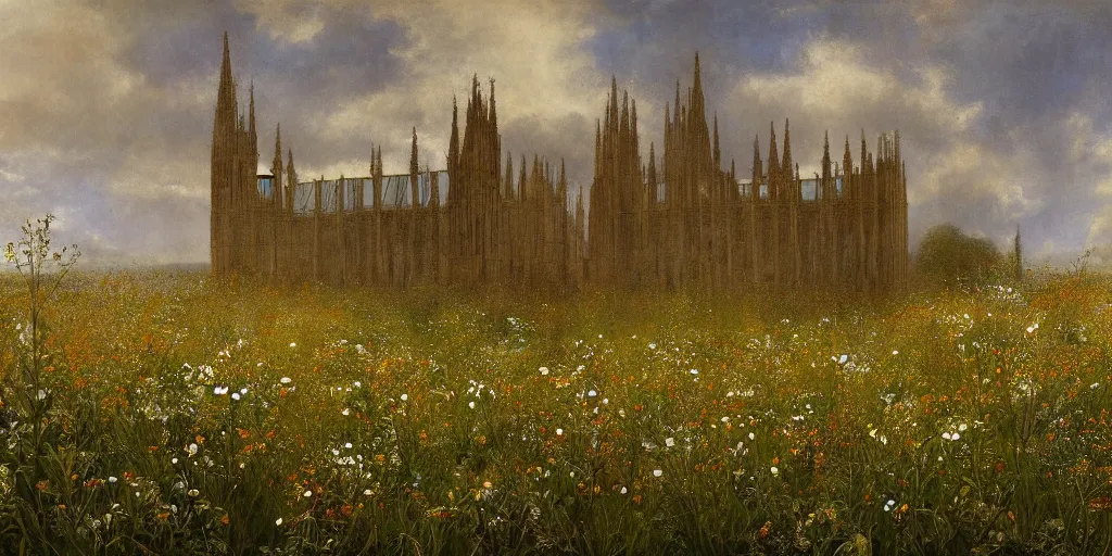 Prompt: a recursive cathedral made of glass within a wildflower meadow at dawn, in the style of alma tadema