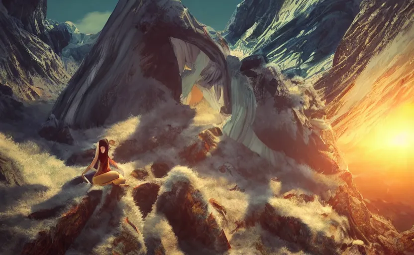 Image similar to Himalayan in a crystallized temple, beautiful flowing fabric, sunset, dramatic angle, dynamic pose, 8k hdr pixiv dslr photo by Makoto Shinkai ilya kuvshinov and Wojtek Fus