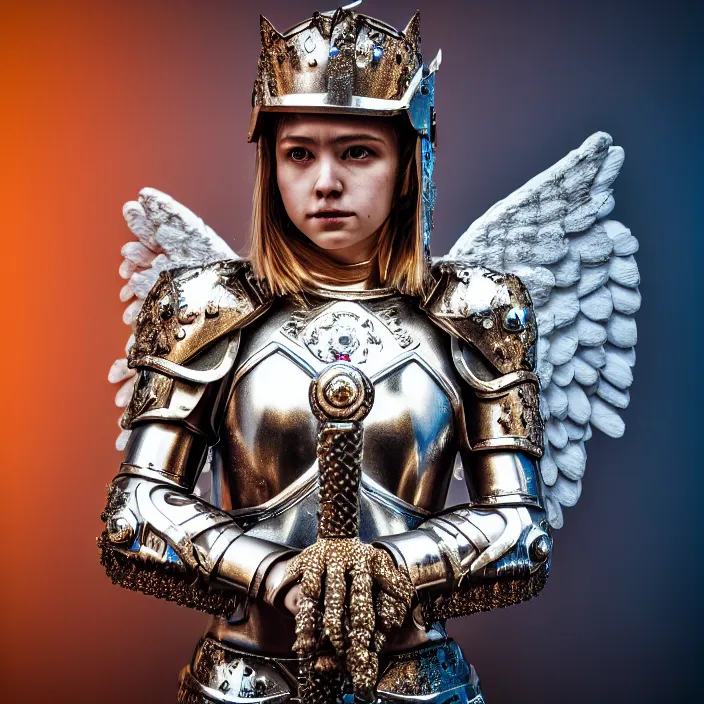 Prompt: photo of an angel warrior queen wearing diamond encrusted armour, highly detailed, 4 k, hdr, smooth, sharp focus, high resolution, award - winning photo