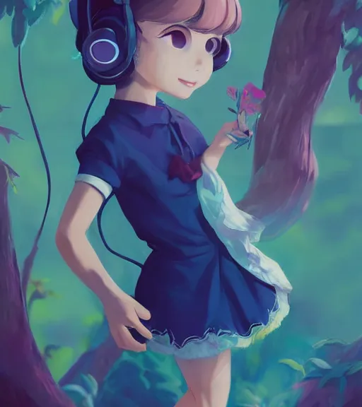 Image similar to beautiful little girl character inspired by 9 0's fashion and by madeline from celeste, art by rossdraws, wlop, ilya kuvshinov, artgem lau, sakimichan and makoto shinkai, concept art, headphones, anatomically correct, very coherent, realistic