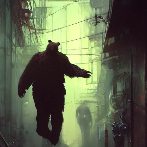 Image similar to pattington bear, hyperrealistic full figure, bladerunner street alley, art of elysium by frank frazetta and by jeremy mann and by alphonse mucha, fantasy art, photo realistic, dynamic lighting, artstation, full figure poster, volumetric lighting, very detailed face, 4 k, award winning