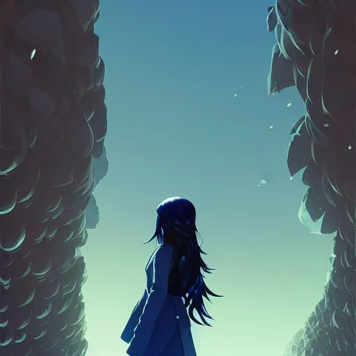 Image similar to low - angle shot from behind of a long blue - haired girl in a tailcoat overlooking noxus, noir, screenshot, sharp focus, intricate, illustration, cell shaded, digital painting, highly detailed, art by ilya kuvshinov, wlop, greg rutkowski, studio quality, james jean