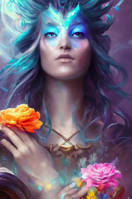 Prompt: face closeup beautiful girl wizard covered with rainbow and ice, holding flowers and casting magic spell, angel, storm and thunder clouds, fantasy, magic the gathering, hyper detailed, 3 d render, hyper realistic detailed portrait, peter mohrbacher