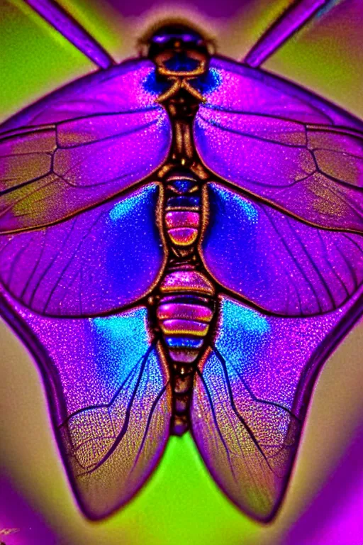 Prompt: high quality macro photo iridescent art nouveau fly! jeweled gorgeous! highly detailed digital art david ligare elson peter cinematic purple neon lighting high quality low angle hd 8k sharp shallow depth of field