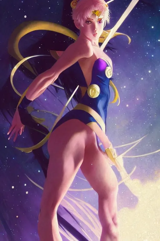 Prompt: aeon flux as sailor moon picture by Greg Rutkowski, pastels, stars, dynamic pose, matte painting, intricate, fantasy concept art, elegant, by Stanley Artgerm Lau, WLOP, golden ratio, thomas kindkade, alphonse mucha, loish, Peter chung, norman Rockwell,